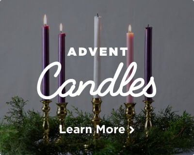 An Advent wreath adorned with four Advent candles and a fifth white candle in the center, signifying the celebration of Christmas. Images links to Advent Candles page.